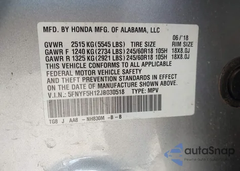 2018 Honda Pilot Lx from USA, damaged, VIN 5FNYF5H12JB030518
